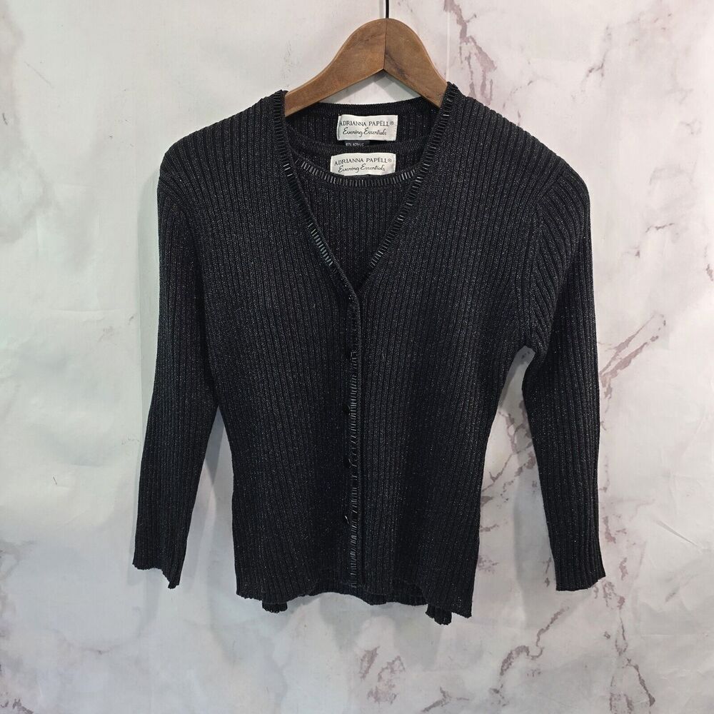 Adrianna Papell Cardigan Womens Small Black Sparkle Shimmer Metallic Tank Set